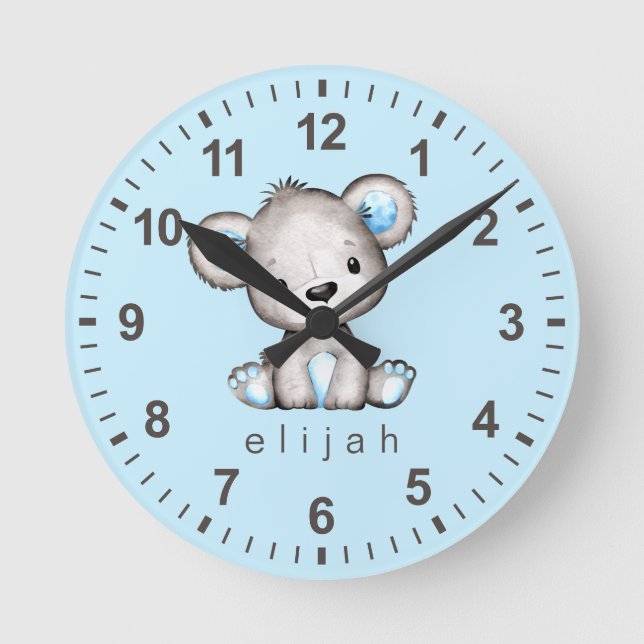 Reloj Redondo Grande Oso de peluche personalizado bebé niño azul (Anverso)