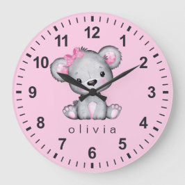 Reloj Redondo Grande Oso de peluche personalizado para bebé niña rosa