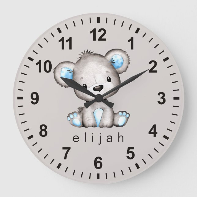 Reloj Redondo Grande Oso de peluche personalizado para bebé niño (Anverso)