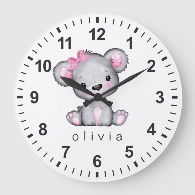 Reloj Redondo Grande Oso de peluche rosa femenino personalizado blanco (Anverso)