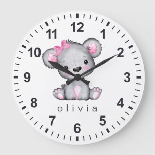 Reloj Redondo Grande Oso de peluche rosa personalizado blanco