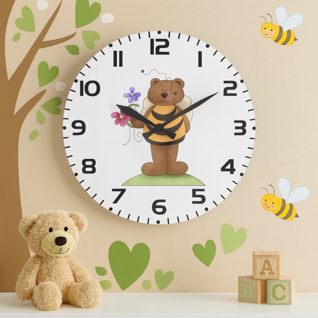 Reloj Redondo Grande Oso disfrazado de abeja con flores (Subido por el creador)