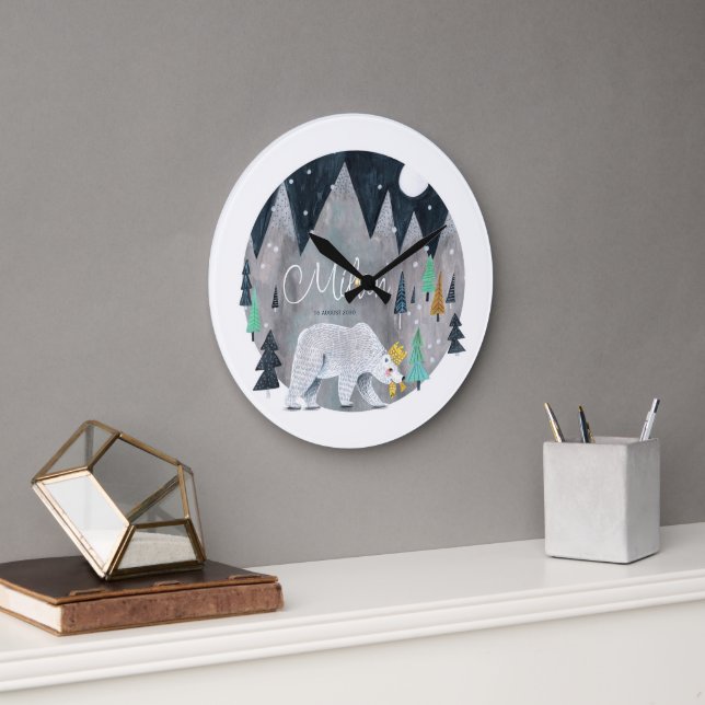 Reloj Redondo Grande Oso invierno montañas luna (Oficina)