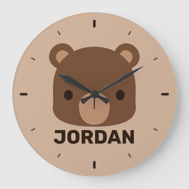 Reloj Redondo Grande Oso marrón lindo con nombre personalizado (Anverso)