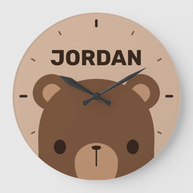 Reloj Redondo Grande Oso marrón lindo con nombre personalizado (Anverso)