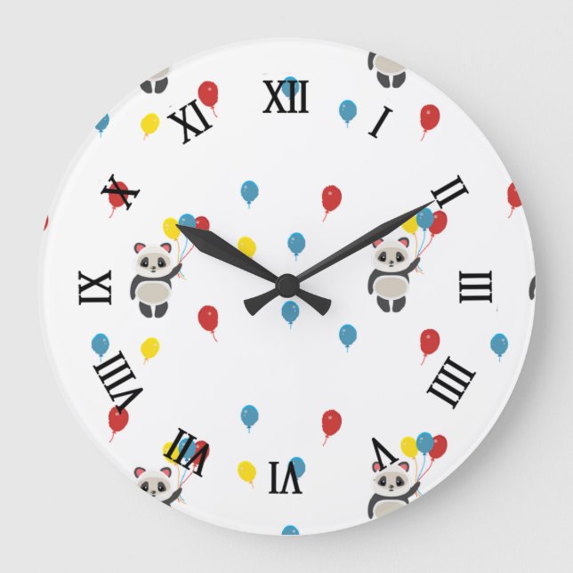 Reloj Redondo Grande Oso panda con globos blanco (Anverso)