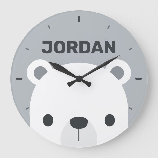 Reloj Redondo Grande Oso Polar Pequeño y Corto con Nombre Personalizado (Anverso)