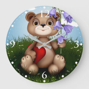 Reloj Redondo Grande Oso sosteniendo ramo de flores-30926