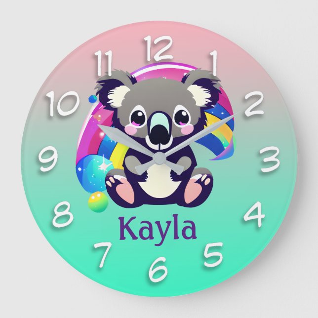 Reloj Redondo Grande Oso y arcoiris de Koala personalizados (Anverso)
