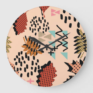 Reloj Redondo Grande Otoño de Memphis: Patrón de hojas geométricas