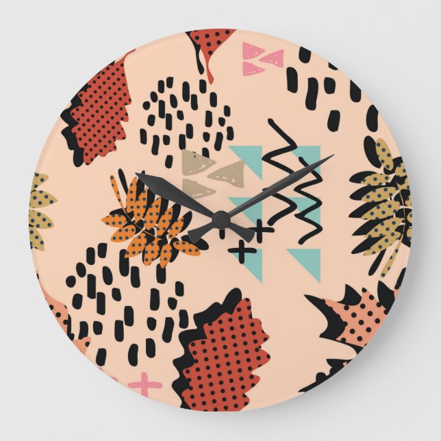 Reloj Redondo Grande Otoño de Memphis: Patrón de hojas geométricas (Anverso)