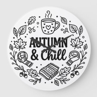 Reloj Redondo Grande Otoño & Relajación | Arte de Línea con Letras a Ma