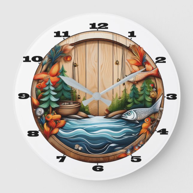 Reloj Redondo Grande Outdoor And Fishing Motif on Wood (Anverso)