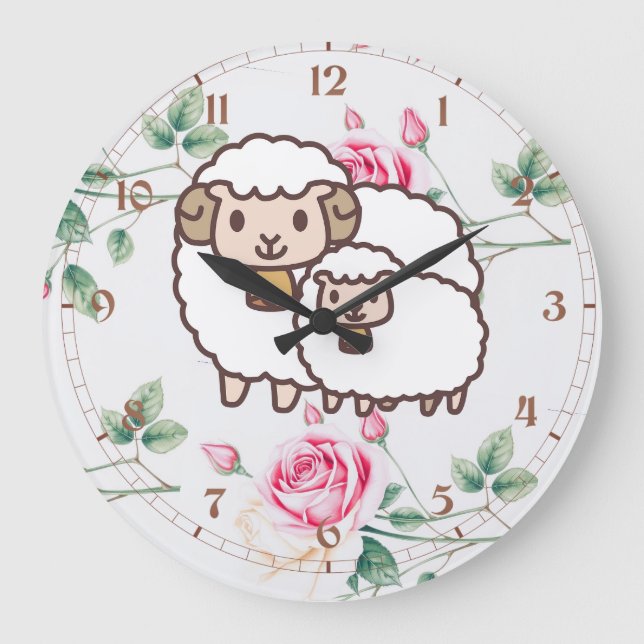 Reloj Redondo Grande Oveja blanca con bebé (Anverso)