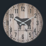 Reloj Redondo Grande Oveja de nombre de familia de Personalizados de pl<br><div class="desc">Rústico Plantones de Madera Personalizado Nombre Familia Oveja Gran Reloj de estilo de granja tiene un fondo de madera angustiado, con una oveja lana y está personalizado con tu nombre. Parte de una colección. Si necesitas ayuda para personalizar tu reloj, o si buscas elementos de coordinación, por favor no dudes...</div>