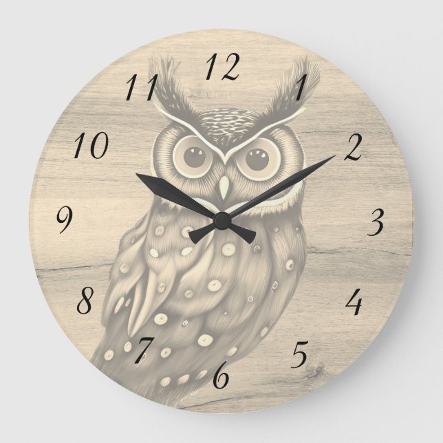 Reloj Redondo Grande Owl Sepia Beige Números Rústicos De Madera (Anverso)