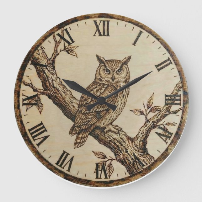 Reloj Redondo Grande Owl Wall Clock _ Wood-Burned Forest Style (Anverso)