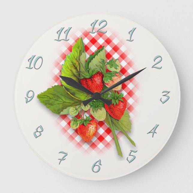 Reloj Redondo Grande País Rojo Gingham y Strawberries (Anverso)