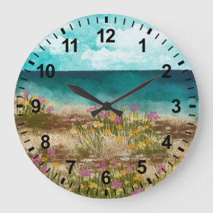 Reloj Redondo Grande Paisaje acuarela flores silvestres junto al mar Re