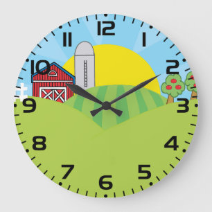 Reloj Redondo Grande Paisaje agrícola Granero rojo Silo Manzanos