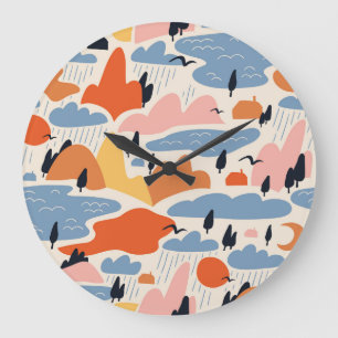 Reloj Redondo Grande Paisaje colorido, montañas, lagos, sin costuras.