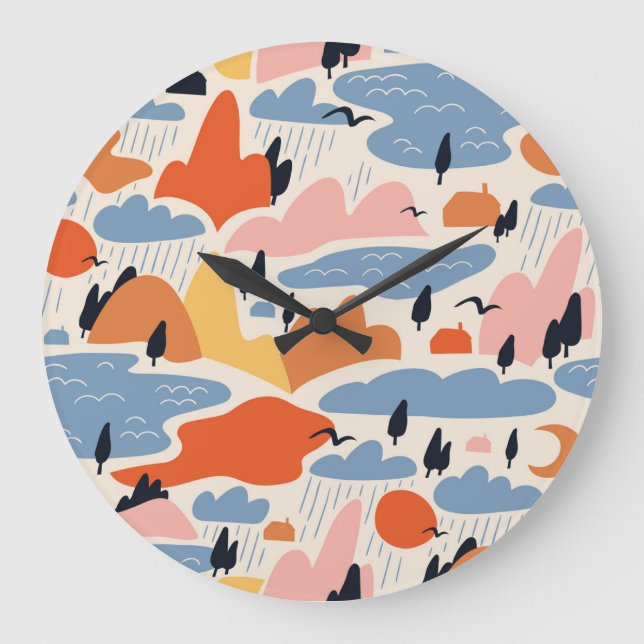 Reloj Redondo Grande Paisaje colorido, montañas, lagos, sin costuras. (Anverso)