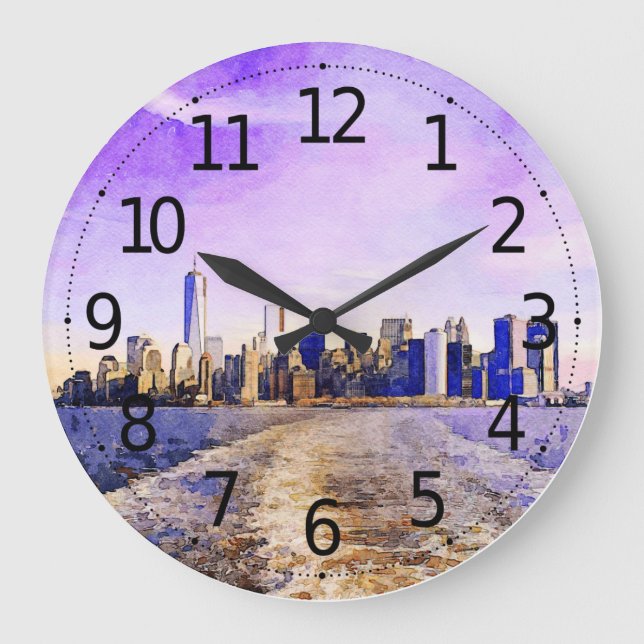 Reloj Redondo Grande Paisaje de acuarela digital de Nueva York (Anverso)