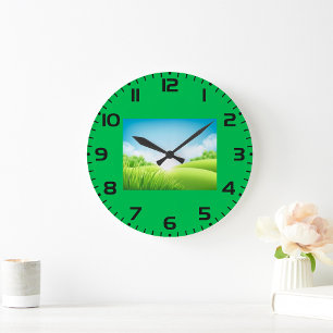 Reloj Redondo Grande Paisaje de Campo Verde Soleado