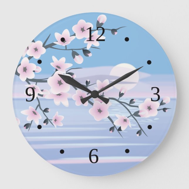 Reloj Redondo Grande Paisaje de cerezo Blossom Mar rosa Azul (Anverso)
