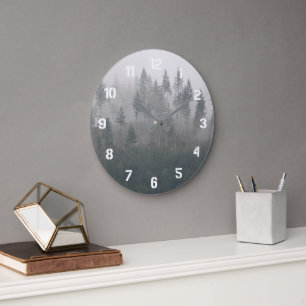 Reloj Redondo Grande Paisaje del bosque Misty Evergreen