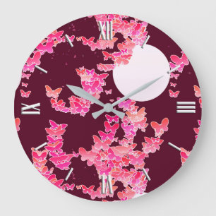 Reloj Redondo Grande Paisaje lunar con mariposas - rosa, burdeos