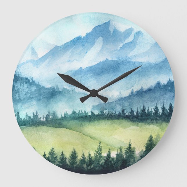 Reloj Redondo Grande Paisaje montañoso, acuarela ilustrativa artística (Anverso)