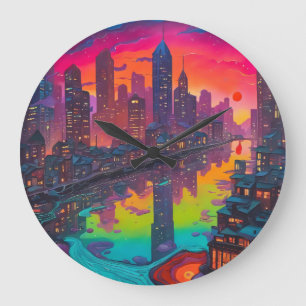 Reloj Redondo Grande Paisaje urbano más oscuro psicodélico