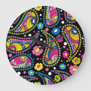 Reloj Redondo Grande Paisley de estilo tribal, patrón étnico sin fisura