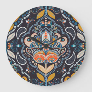 Reloj Redondo Grande Paisley Floral: Patrón indio oscuro