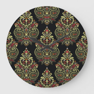 Reloj Redondo Grande Paisley indio, fondo geométrico negro