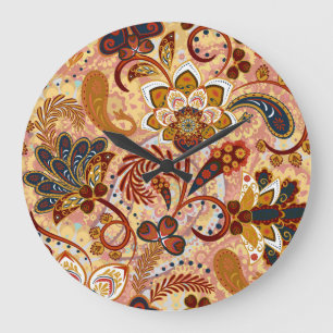 Reloj Redondo Grande Paisley indio: Marrón de cosecha floral