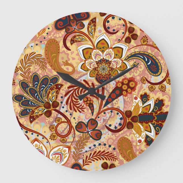 Reloj Redondo Grande Paisley indio: Marrón de cosecha floral (Anverso)