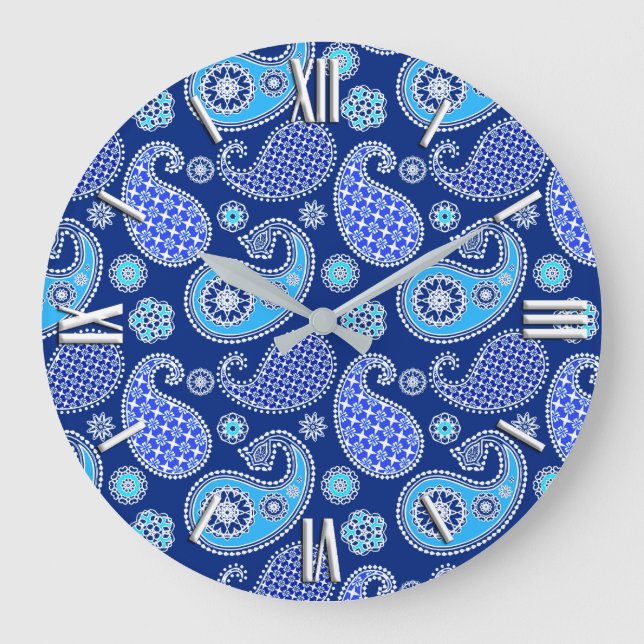 Reloj Redondo Grande Paisley pattern, cobalt blue and white (Anverso)
