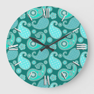 Reloj Redondo Grande Paisley pattern, Turquoise, Aqua and White