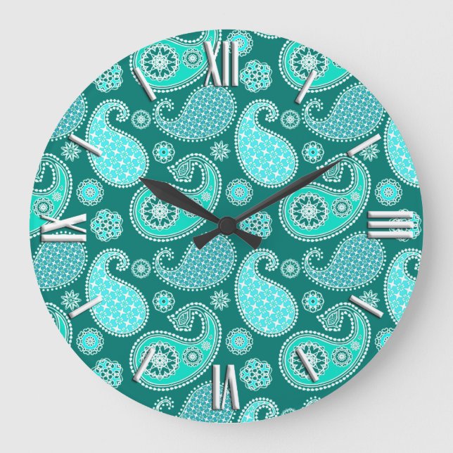 Reloj Redondo Grande Paisley pattern, Turquoise, Aqua and White (Anverso)