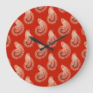 Reloj Redondo Grande Paisley rojo óxido, blanco y gris