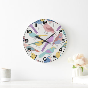Reloj Redondo Grande Pajaritos Pastel Patrón Aves Lindas Acuarela
