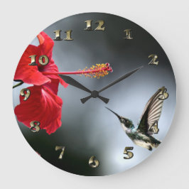 Reloj Redondo Grande Pájaro barniz y flor roja