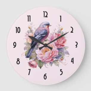 Reloj Redondo Grande Pájaro Cantando sobre Peonías Rosadas