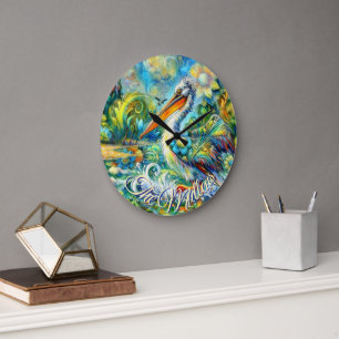 Reloj Redondo Grande Pájaro pelicano personalizado en floral de Wonderl