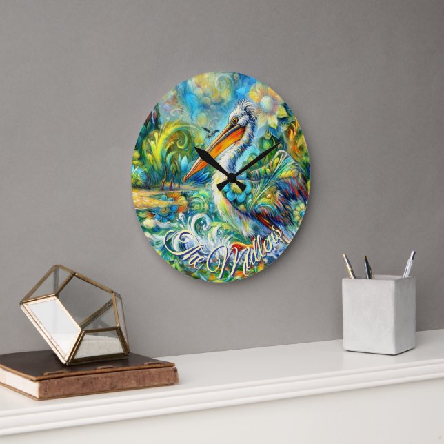 Reloj Redondo Grande Pájaro pelicano personalizado en floral de Wonderl (Oficina)