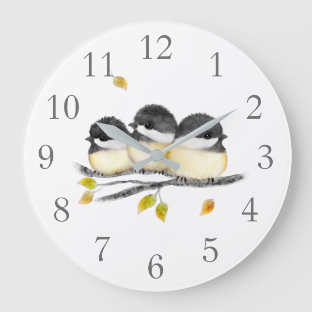 Reloj Redondo Grande Pájaro pequeño 3 pollos en rama de árbol (Anverso)