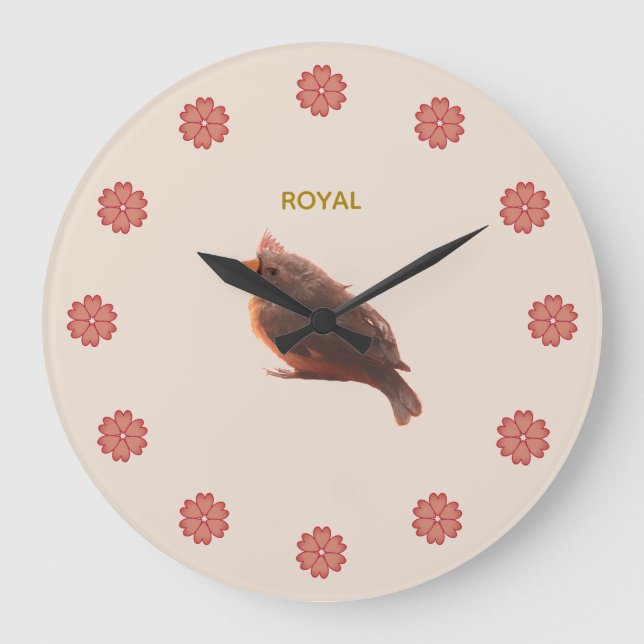 Reloj Redondo Grande Pájaro Pequeño Lindo & Flores en Beige (Anverso)