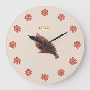 Reloj Redondo Grande Pájaro Pequeño Lindo y Flores en Beige